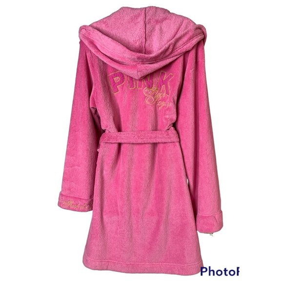 Victoria's Secret PINK M/L Gold Embroidery Plush Bath Robe Hoodie Barbie Core VS - Picture 4 of 9